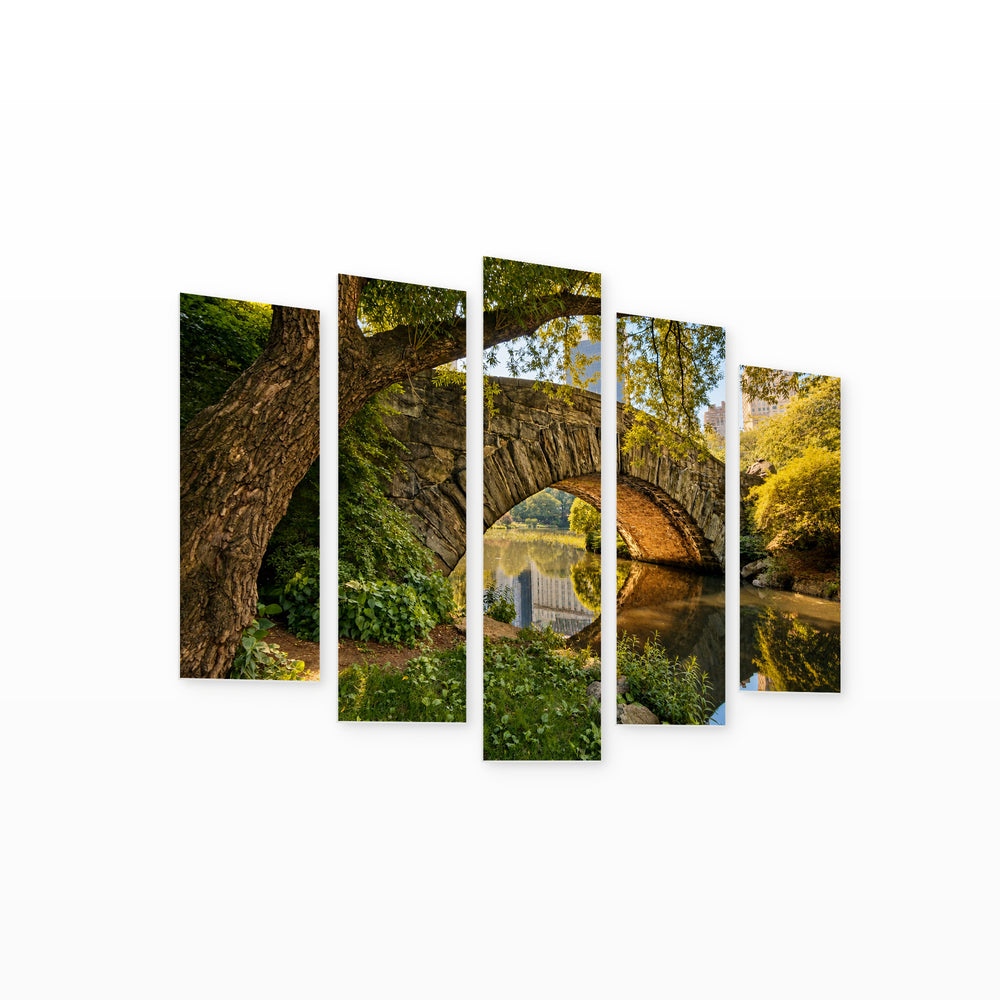 Bridge in Central Park in Blue and Gold — five-panel wall art on white background in perspective | 5wallart 55701 M1