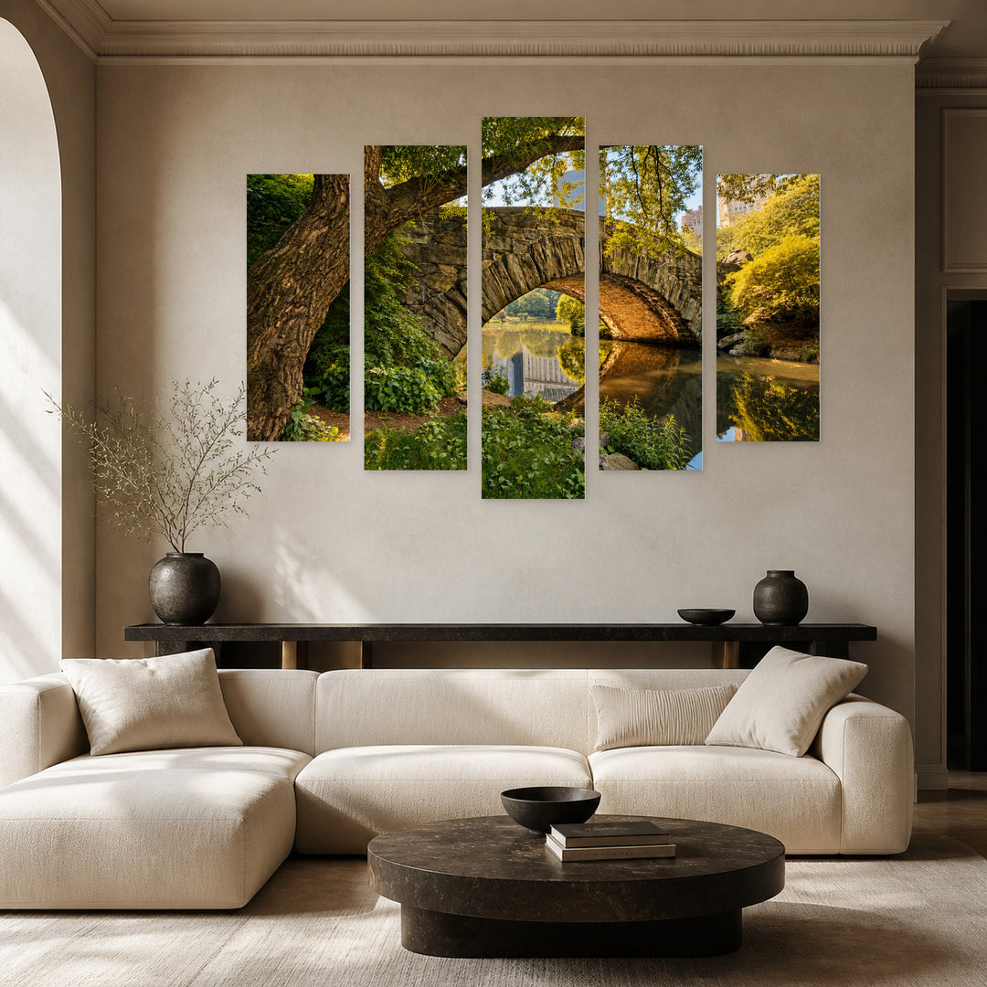 Bridge in Central Park in Blue and Gold — five-panel wall art in frontal interior | 5wallart 55701 M3