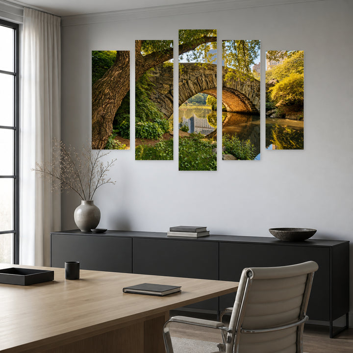Bridge in Central Park in Blue and Gold — five-panel wall art in alternate frontal interior | 5wallart 55701 M4