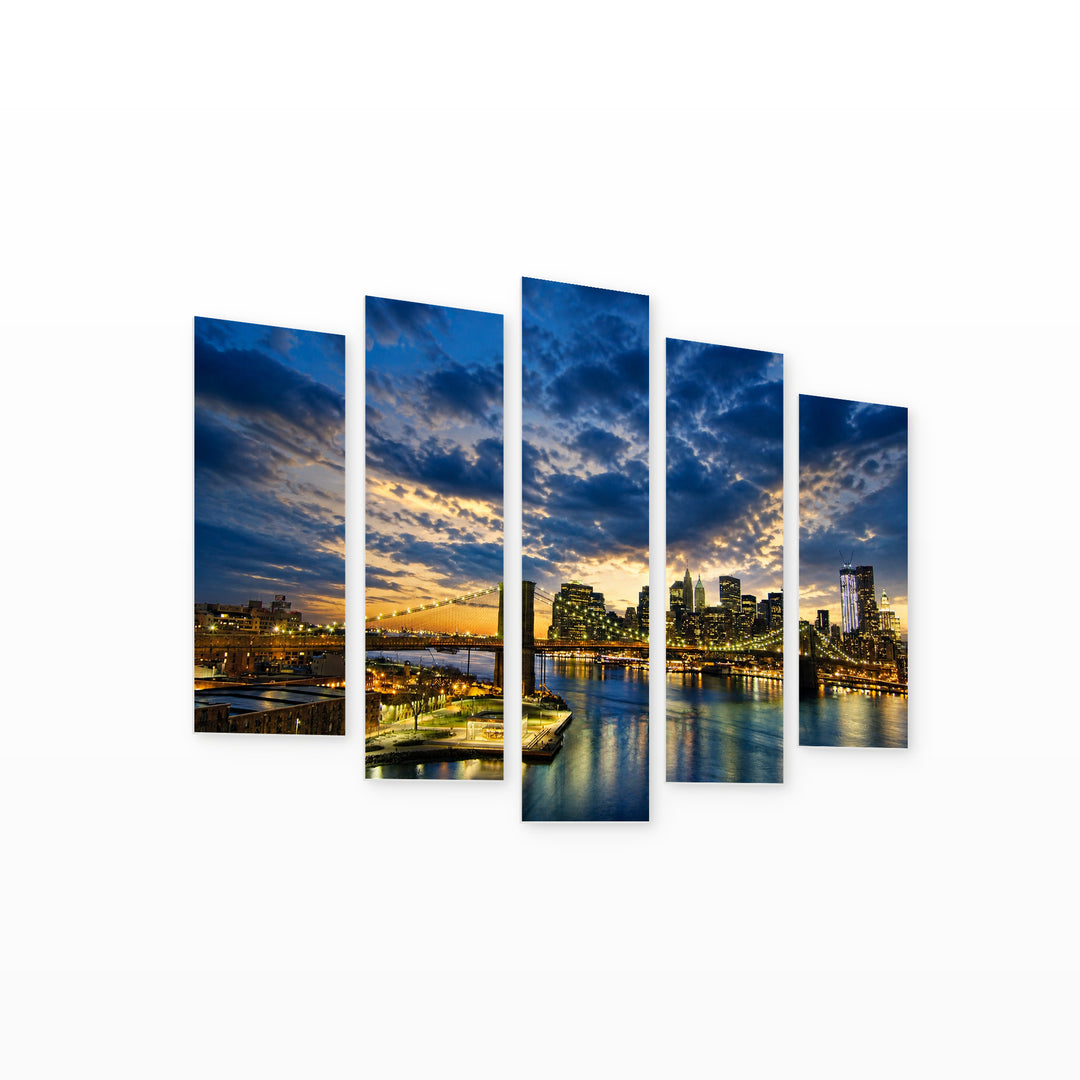 Nighttime London in Blue and Gold — five-panel wall art on white background in perspective | 5wallart 55702 M1