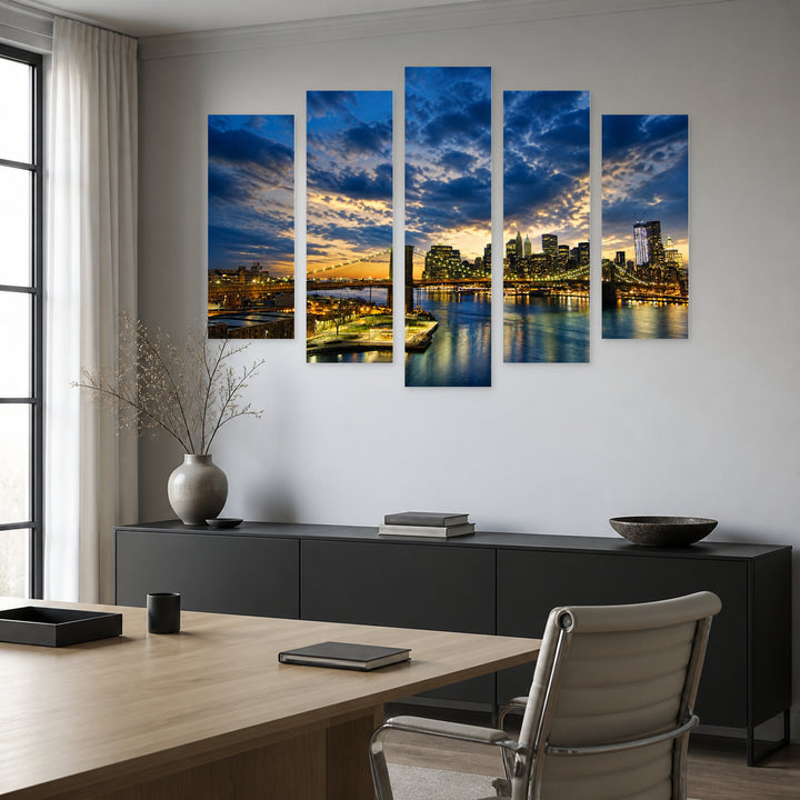 Nighttime London in Blue and Gold — five-panel wall art in frontal interior | 5wallart 55702 M3