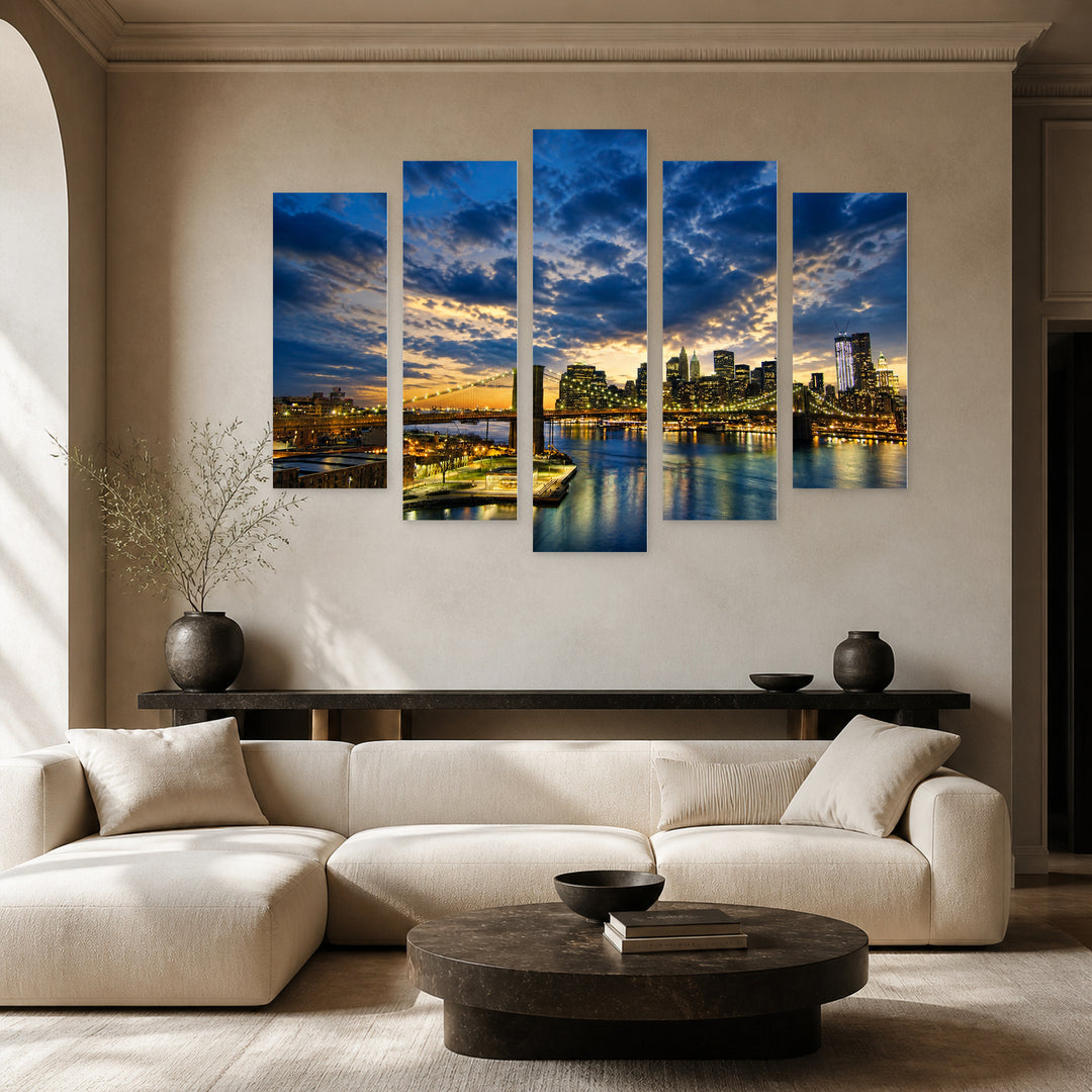Nighttime London in Blue and Gold — five-panel wall art in alternate frontal interior | 5wallart 55702 M4