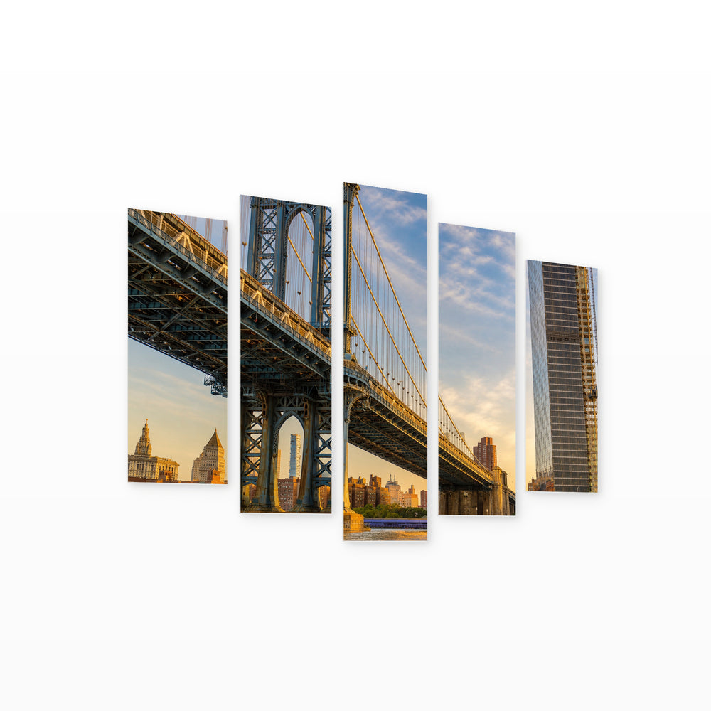 Brooklyn Bridge and Manhattan in Blue and Gold — five-panel wall art on white background in perspective | 5wallart 55703 M1