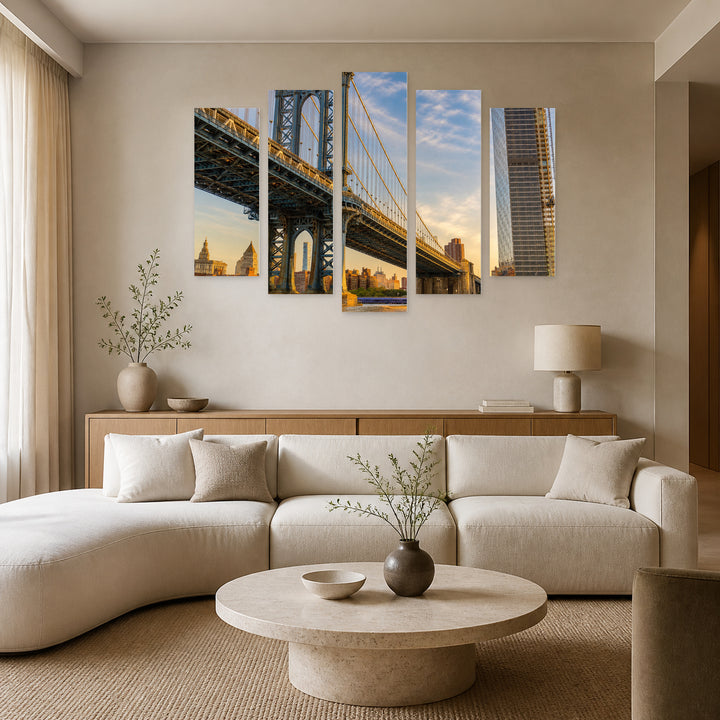 Brooklyn Bridge and Manhattan in Blue and Gold — five-panel wall art in frontal interior | 5wallart 55703 M3