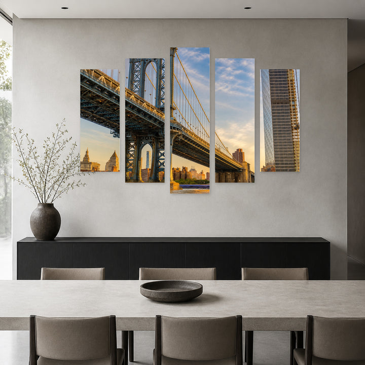 Brooklyn Bridge and Manhattan in Blue and Gold — five-panel wall art in alternate frontal interior | 5wallart 55703 M4