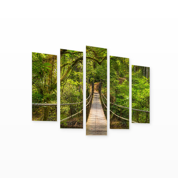 Rope Bridge in the Forest in Serene Light — five-panel wall art on white background in perspective | 5wallart 55704 M1
