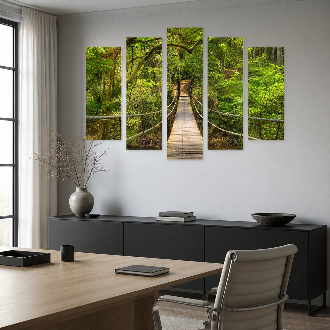 Rope Bridge in the Forest in Serene Light — five-panel wall art in frontal interior | 5wallart 55704 M3