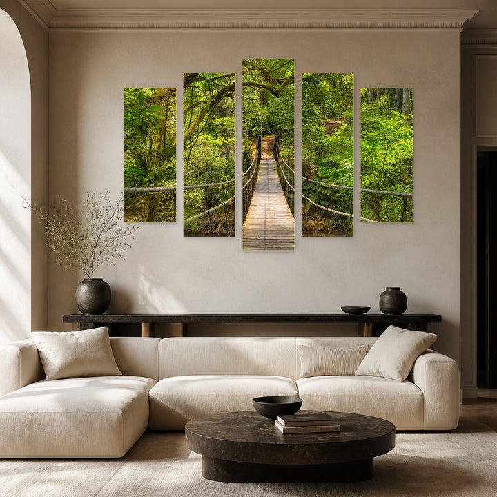 Rope Bridge in the Forest in Serene Light — five-panel wall art in alternate frontal interior | 5wallart 55704 M4