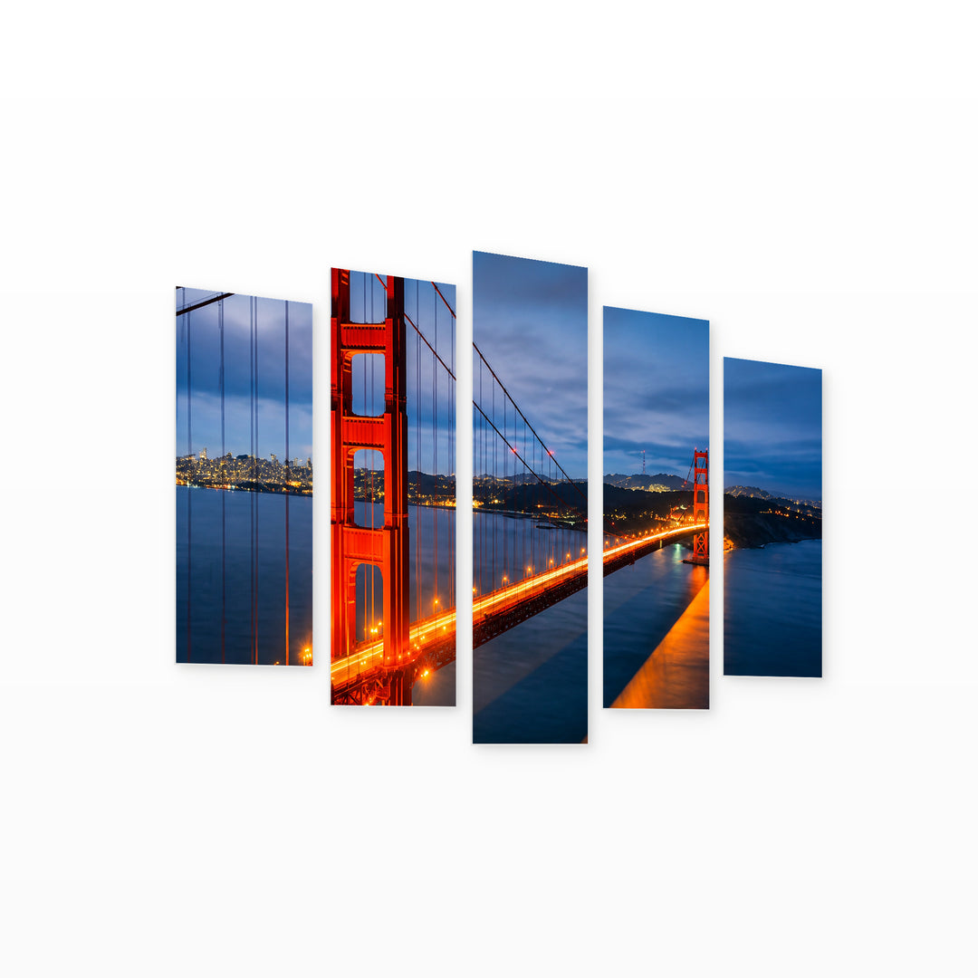 Bridge in San Francisco in Blue and II — five-panel wall art on white background in perspective | 5wallart 55705 M1