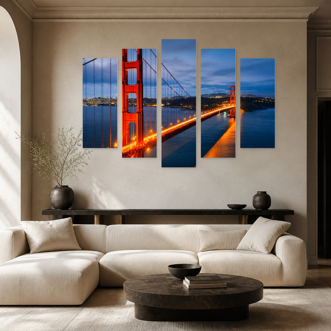 Bridge in San Francisco in Blue and II — five-panel wall art in frontal interior | 5wallart 55705 M3