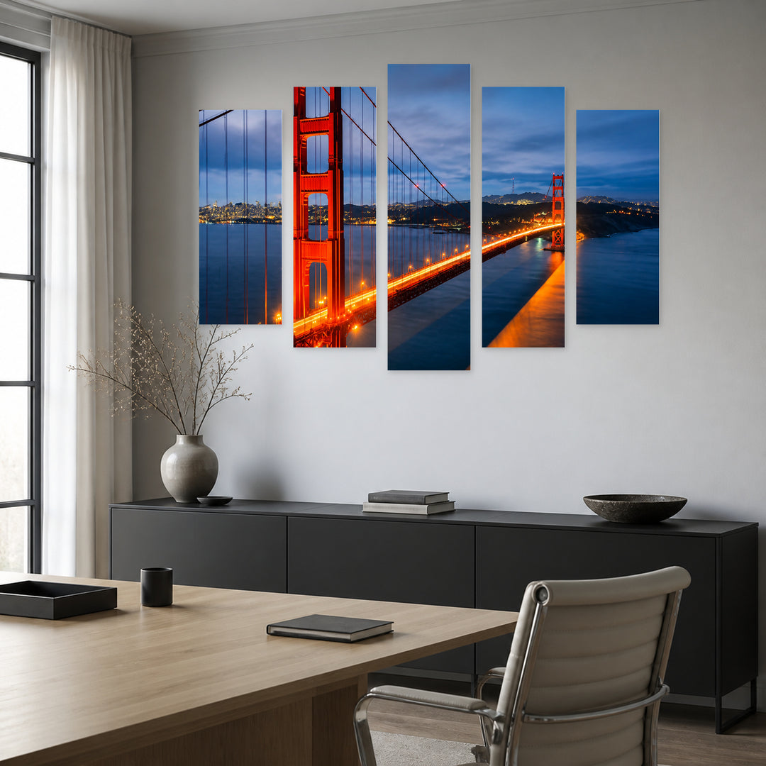 Bridge in San Francisco in Blue and II — five-panel wall art in alternate frontal interior | 5wallart 55705 M4
