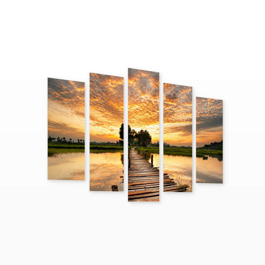 Golden Sunset over River — five-panel wall art on white background in perspective | 5wallart 55706 M1