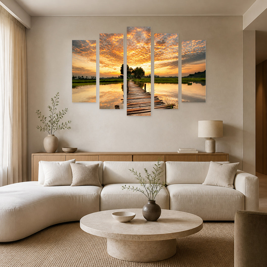 Golden Sunset over River — five-panel wall art in alternate frontal interior | 5wallart 55706 M4