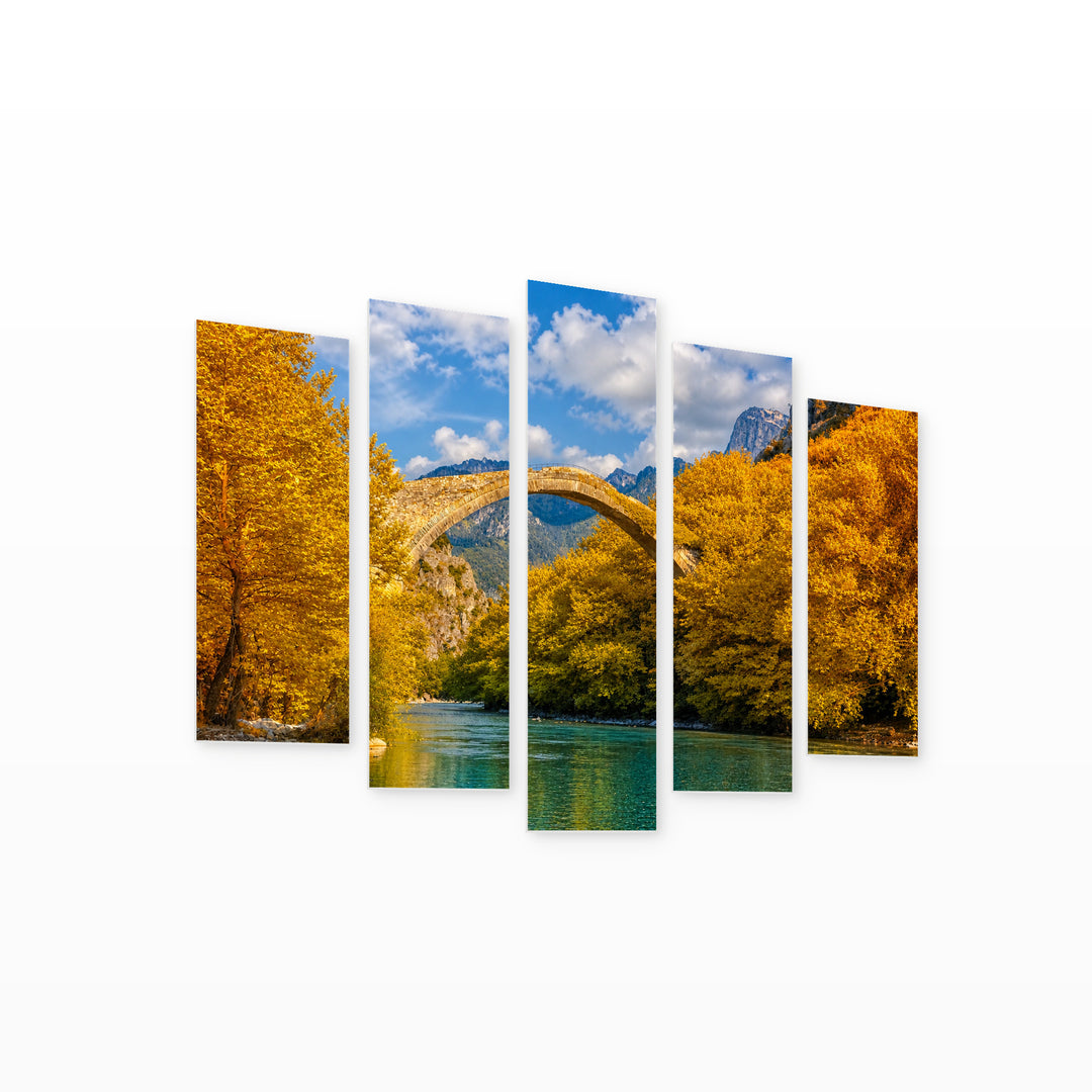 Konitsa Bridge in Blue and Gold — five-panel wall art on white background in perspective | 5wallart 55708 M1
