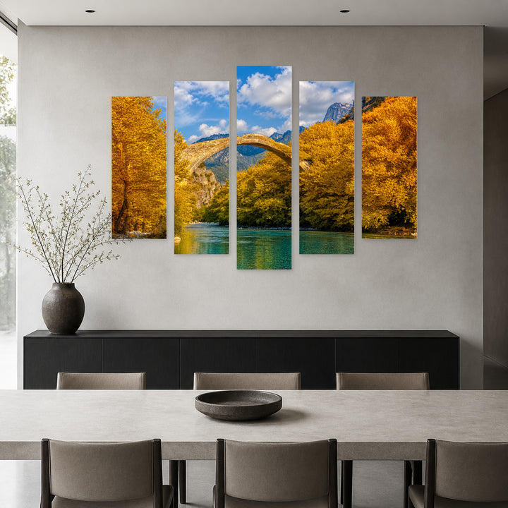 Konitsa Bridge in Blue and Gold — five-panel wall art in frontal interior | 5wallart 55708 M3