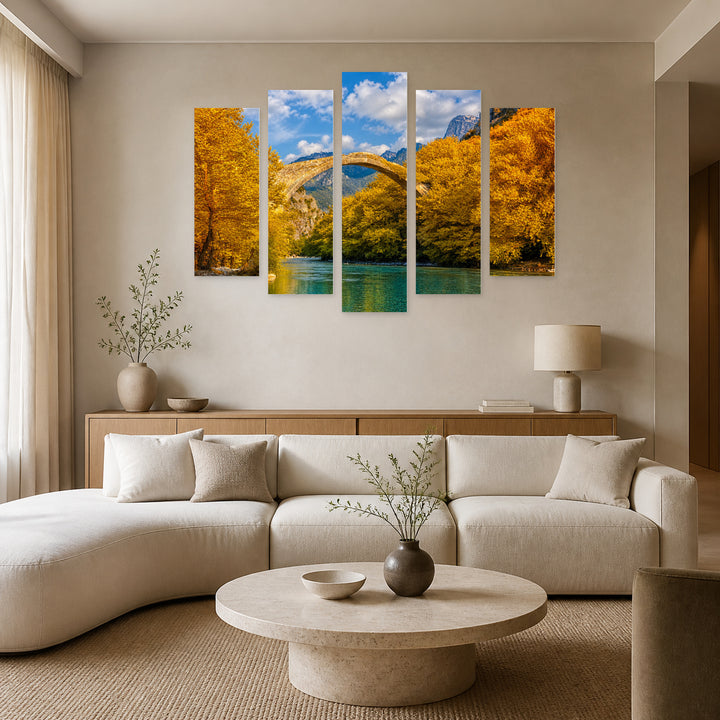 Konitsa Bridge in Blue and Gold — five-panel wall art in alternate frontal interior | 5wallart 55708 M4