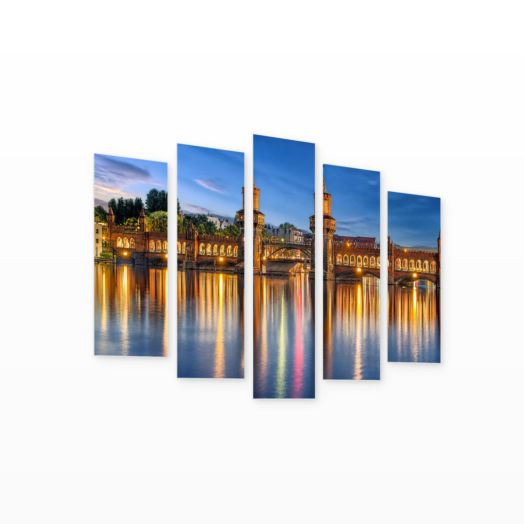 Oberbaum Bridge in Blue and Gold — five-panel wall art on white background in perspective | 5wallart 55709 M1