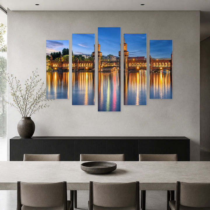 Oberbaum Bridge in Blue and Gold — five-panel wall art in alternate frontal interior | 5wallart 55709 M4