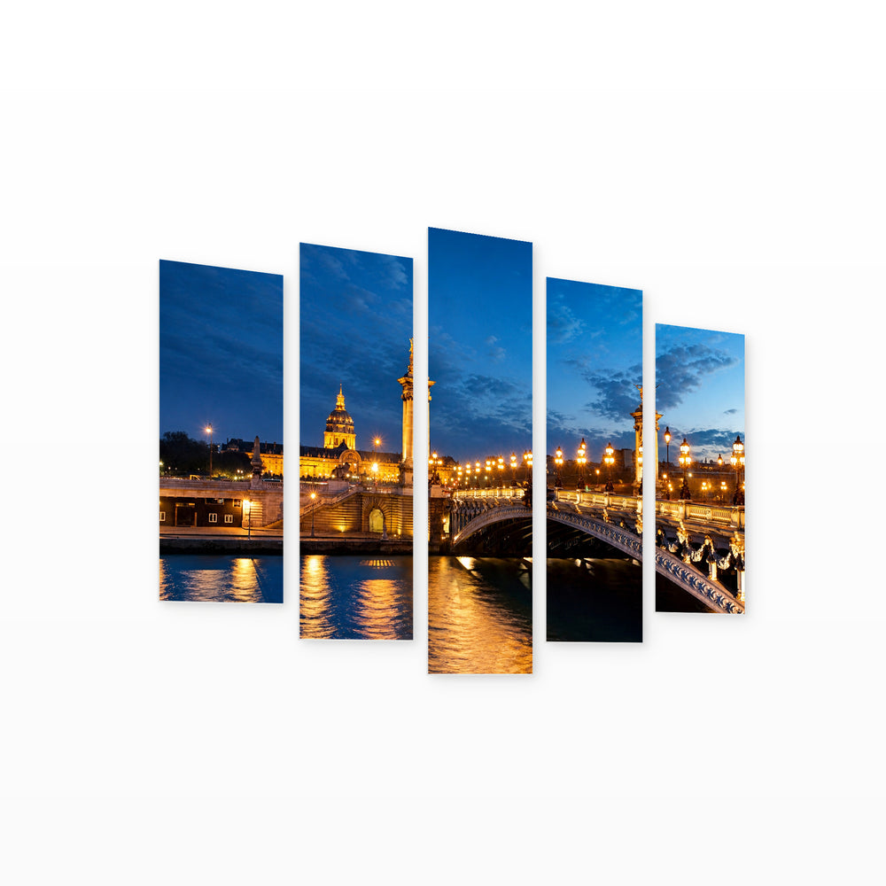 Night View in Paris in Blue and Gold — five-panel wall art on white background in perspective | 5wallart 55710 M1