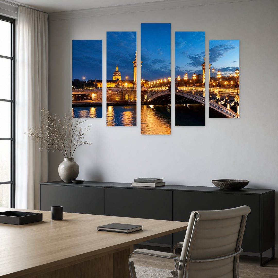 Night View in Paris in Blue and Gold — five-panel wall art in frontal interior | 5wallart 55710 M3