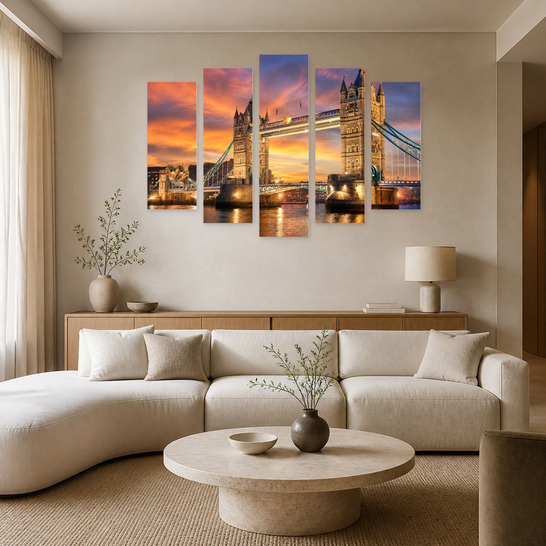 Nighttime London at Golden Sunset — five-panel wall art in frontal interior | 5wallart 55711 M3