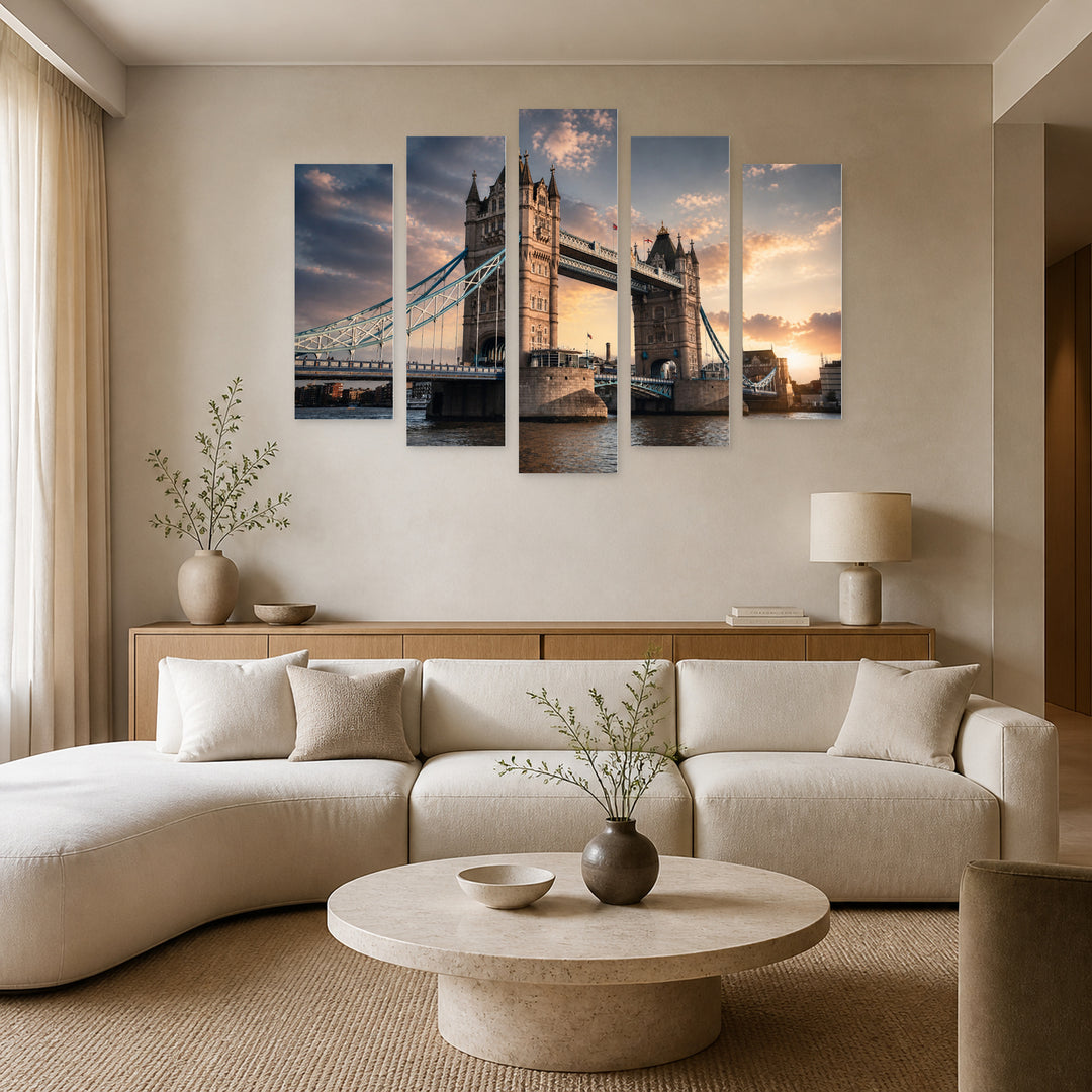 Tower Bridge in London with Dreamlike Atmosphere — five-panel wall art in alternate frontal interior | 5wallart 55712 M4