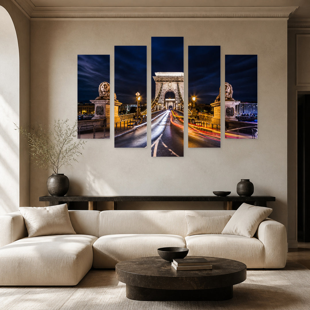 Night Cityscape in Vivid Color — five-panel wall art in frontal interior | 5wallart 55713 M3