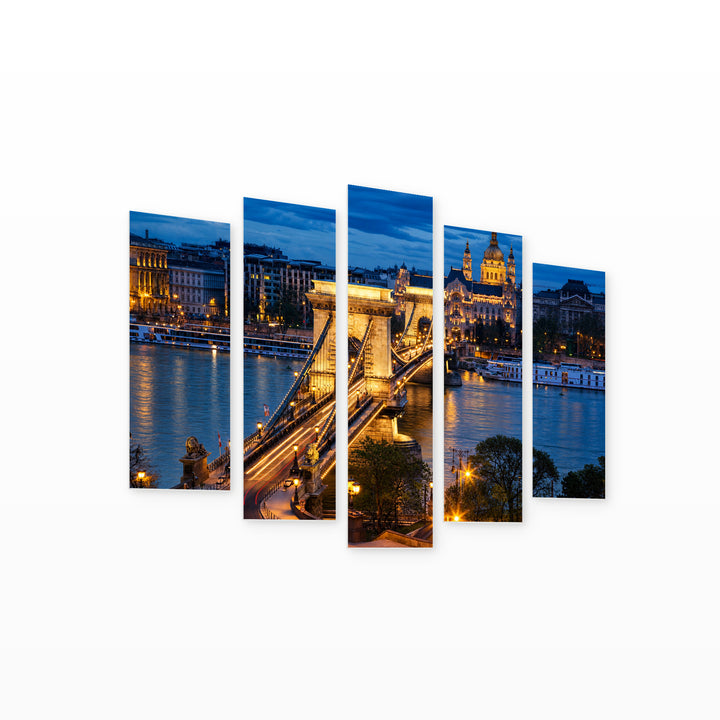 Chain Bridge in Budapest in Blue and Gold — five-panel wall art on white background in perspective | 5wallart 55714 M1