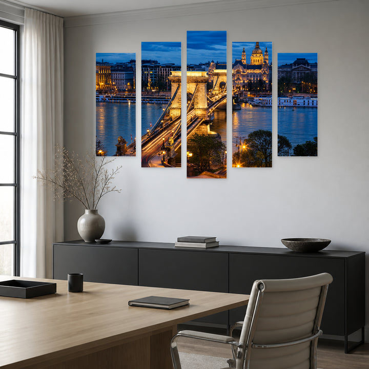 Chain Bridge in Budapest in Blue and Gold — five-panel wall art in frontal interior | 5wallart 55714 M3