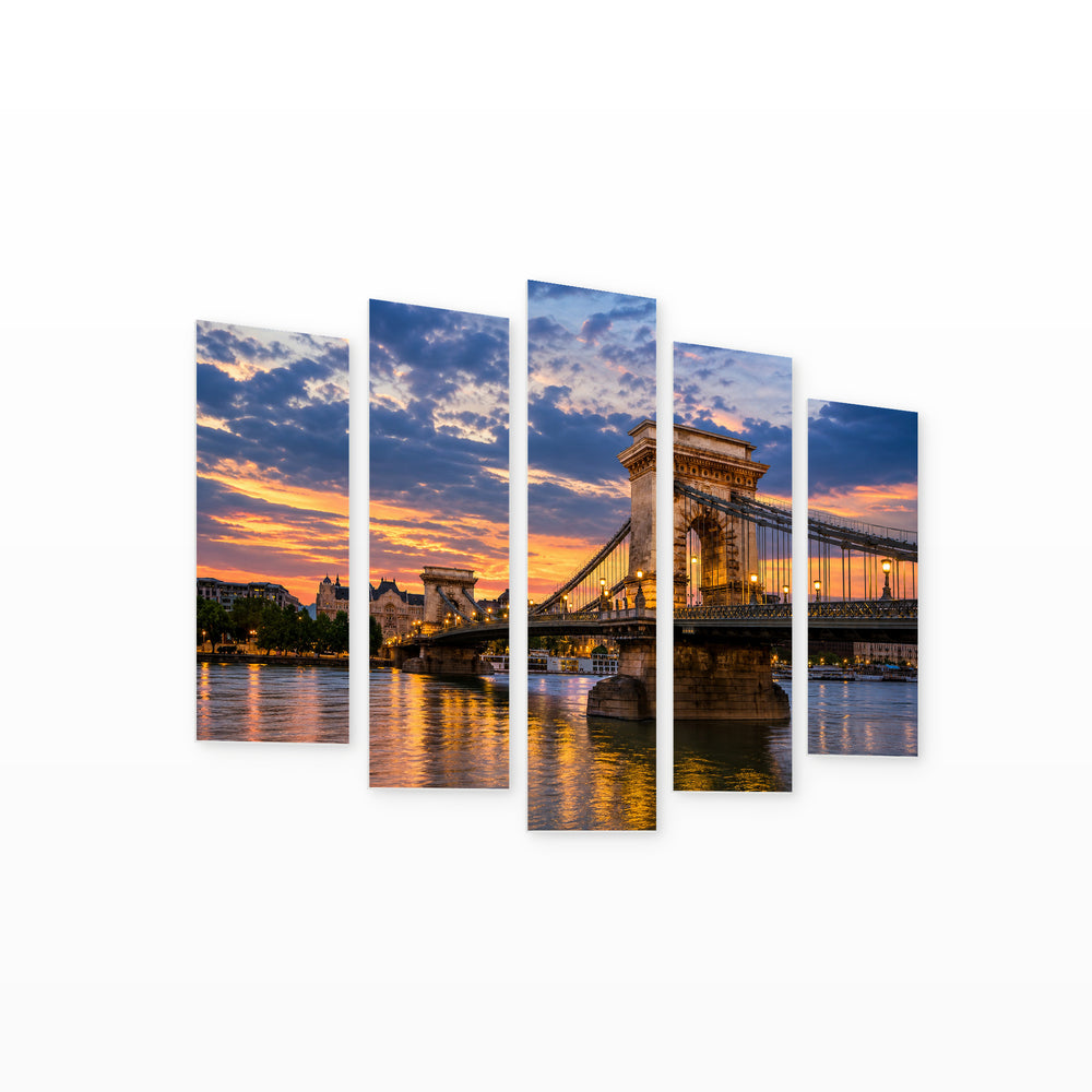 Chain Bridge over the Danube River Urban Panorama — five-panel wall art on white background in perspective | 5wallart 55715 M1