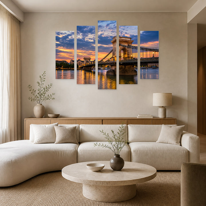 Chain Bridge over the Danube River Urban Panorama — five-panel wall art in frontal interior | 5wallart 55715 M3