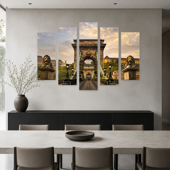 Bridge in Budapest with Dreamlike Atmosphere — five-panel wall art in frontal interior | 5wallart 55716 M3