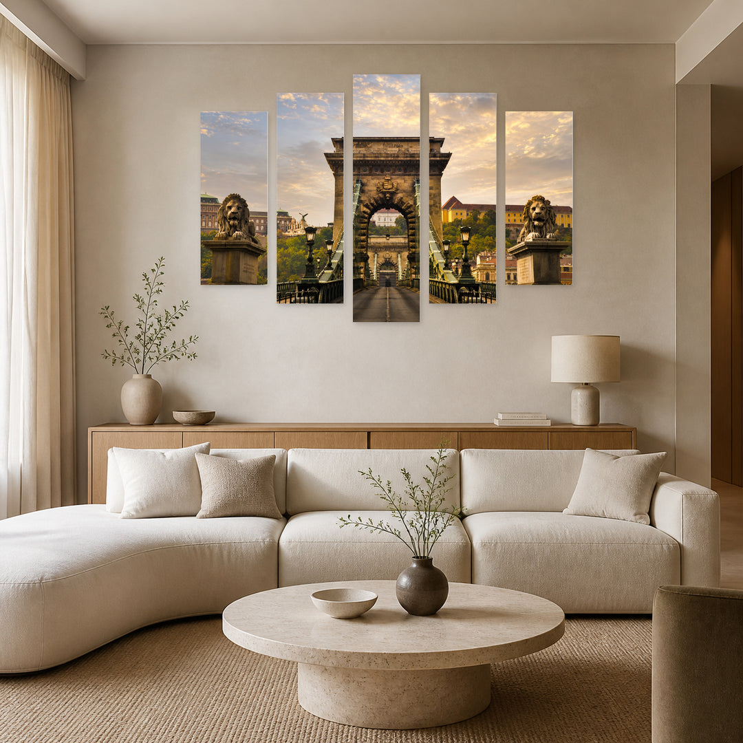 Bridge in Budapest with Dreamlike Atmosphere — five-panel wall art in alternate frontal interior | 5wallart 55716 M4
