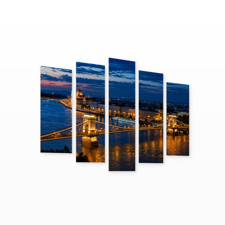 Budapest Skyline After Dark — five-panel wall art on white background in perspective | 5wallart 55717 M1