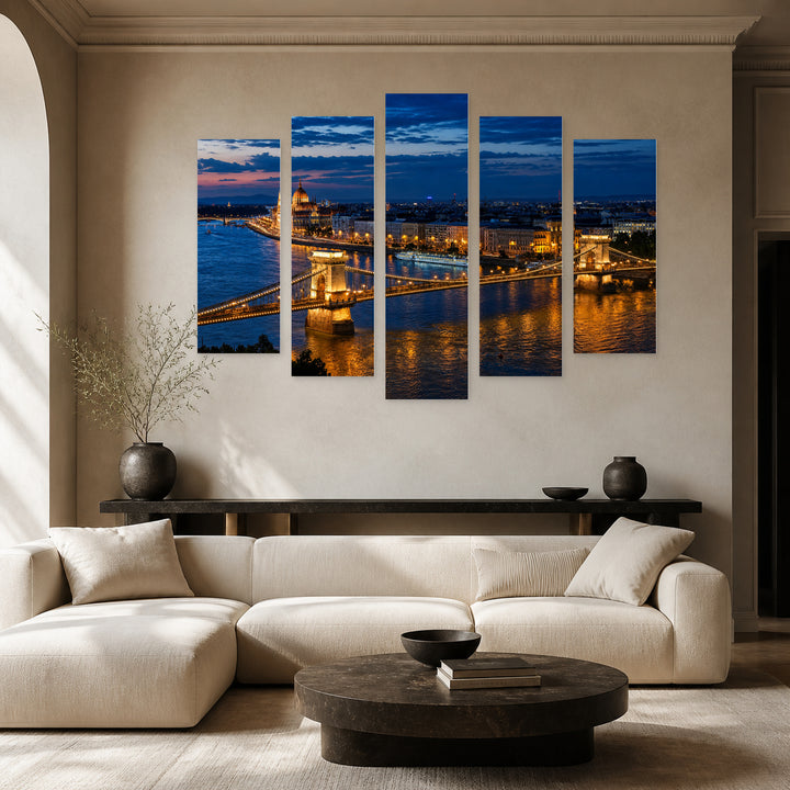 Budapest Skyline After Dark — five-panel wall art in frontal interior | 5wallart 55717 M3
