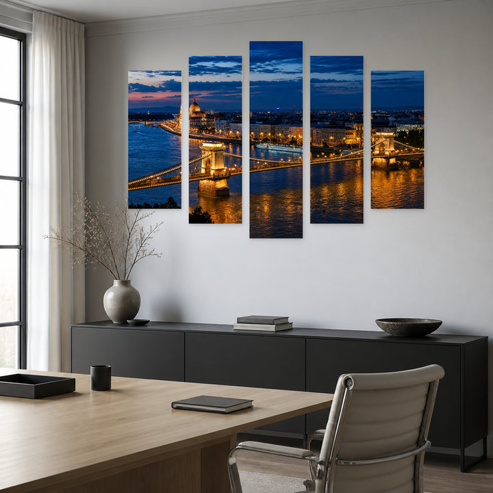 Budapest Skyline After Dark — five-panel wall art in alternate frontal interior | 5wallart 55717 M4