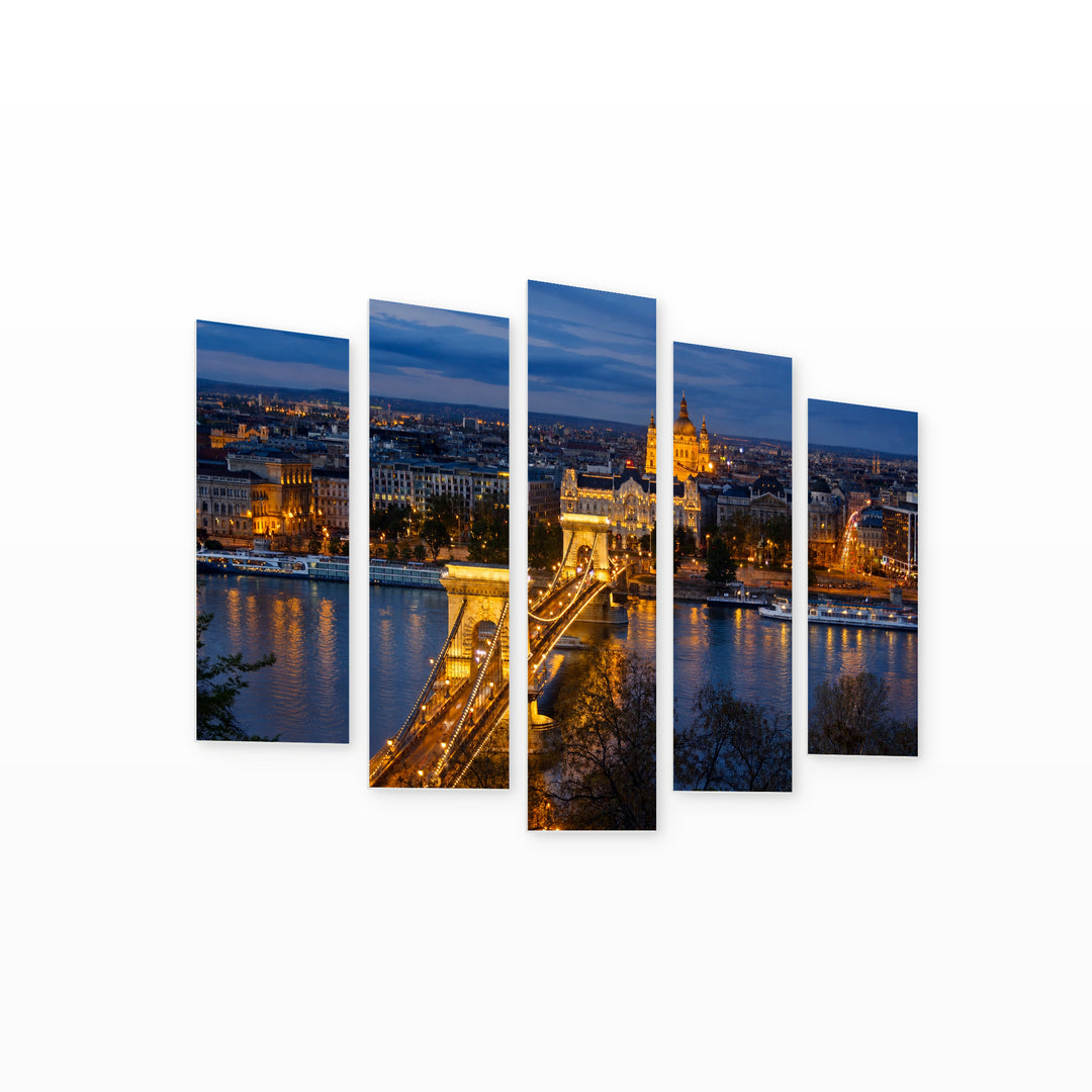 View of Budapest After Dark — five-panel wall art on white background in perspective | 5wallart 55718 M1