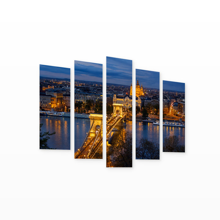 View of Budapest After Dark — five-panel wall art on white background in perspective | 5wallart 55718 M1