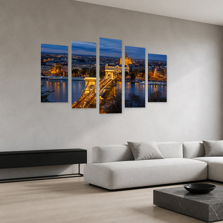 View of Budapest After Dark — five-panel wall art in perspective interior | 5wallart 55718 M2