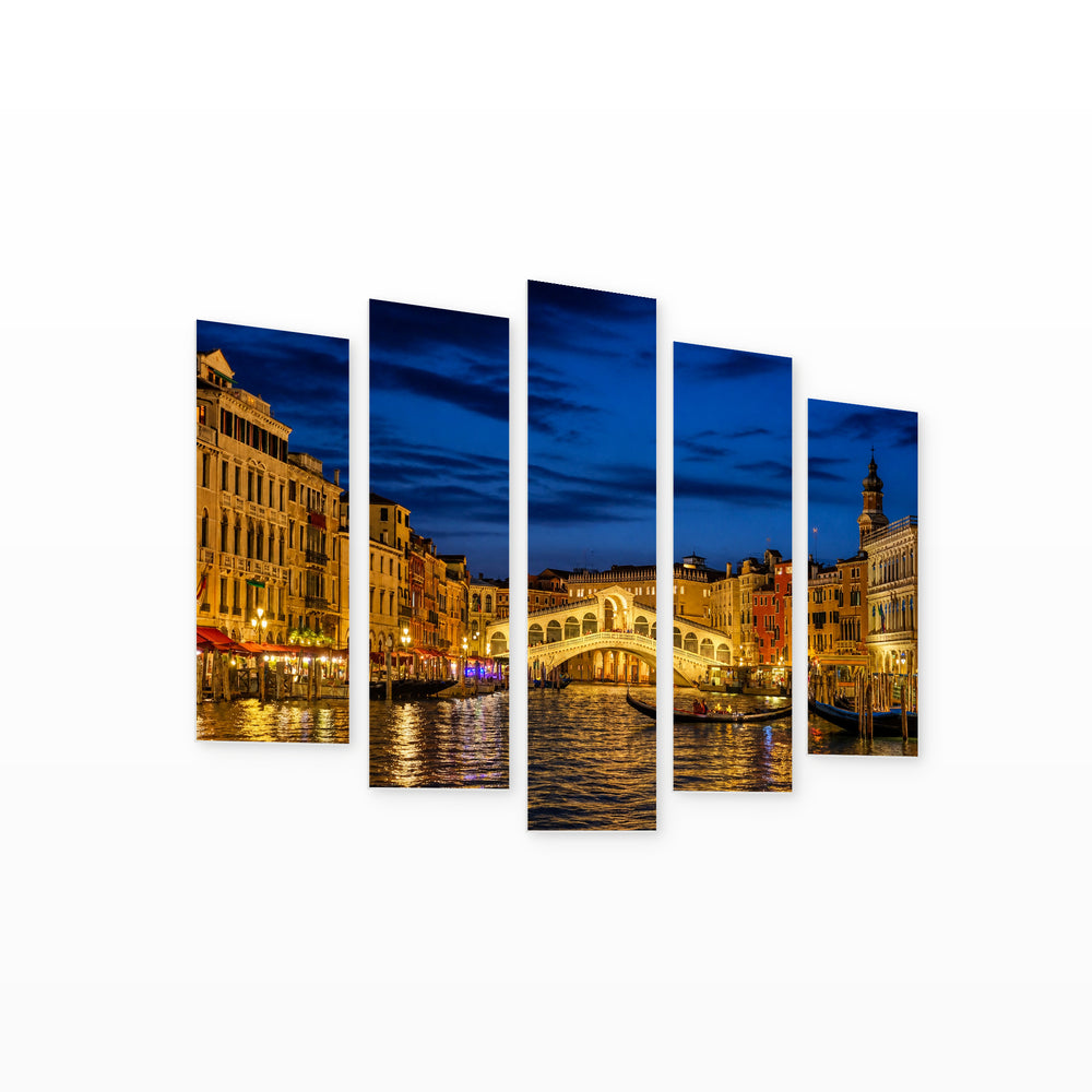 Rialto Bridge at Night in Venice Urban Panorama — five-panel wall art on white background in perspective | 5wallart 55720 M1