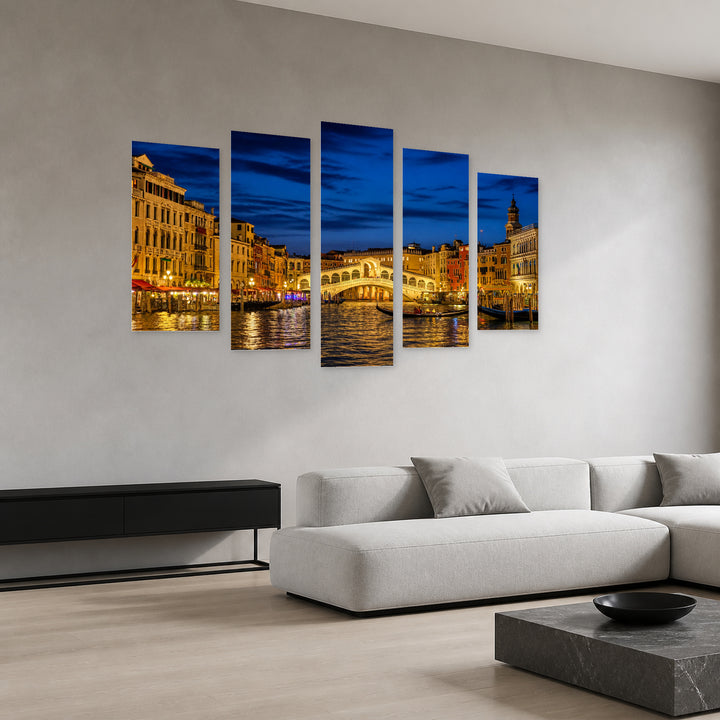 Rialto Bridge at Night in Venice Urban Panorama — five-panel wall art in perspective interior | 5wallart 55720 M2