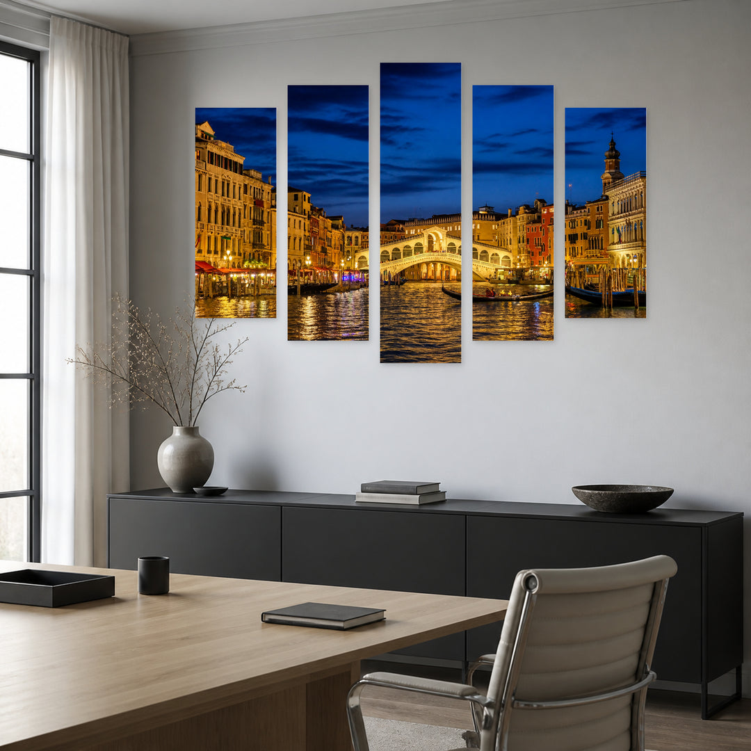 Rialto Bridge at Night in Venice Urban Panorama — five-panel wall art in frontal interior | 5wallart 55720 M3