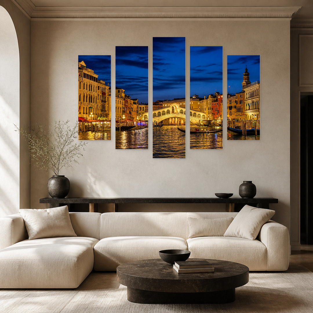 Rialto Bridge at Night in Venice Urban Panorama — five-panel wall art in alternate frontal interior | 5wallart 55720 M4