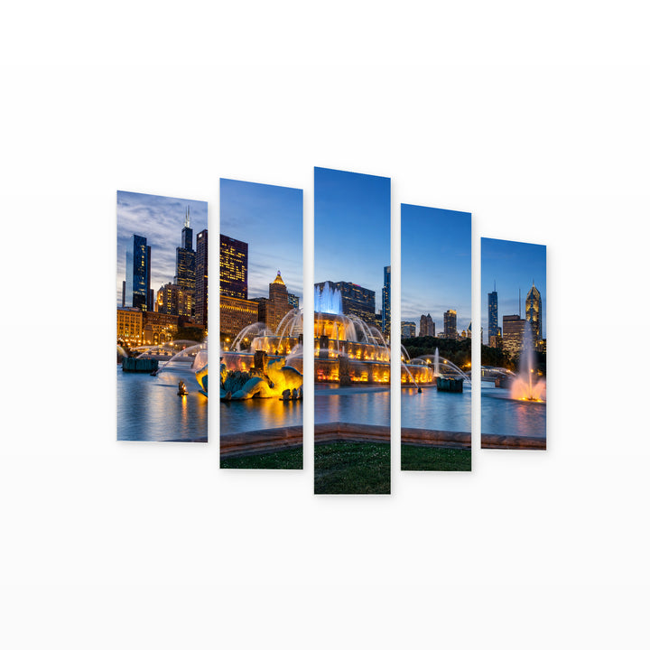 Buckingham Fountain in Blue and Gold — five-panel wall art on white background in perspective | 5wallart 55722 M1