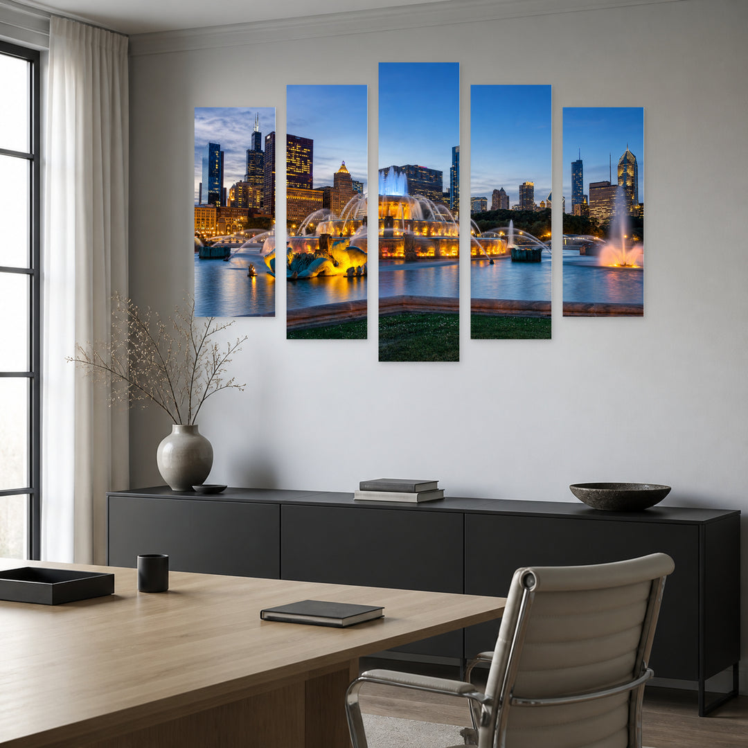 Buckingham Fountain in Blue and Gold — five-panel wall art in frontal interior | 5wallart 55722 M3
