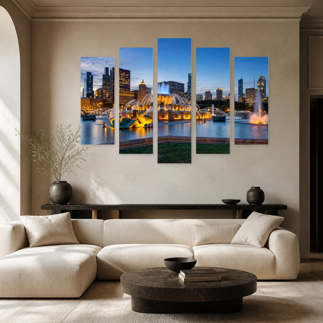 Buckingham Fountain in Blue and Gold — five-panel wall art in alternate frontal interior | 5wallart 55722 M4