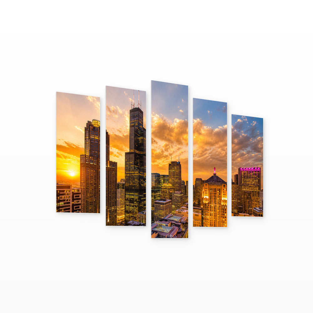 Chicago, Illinois at Golden Sunset — five-panel wall art on white background in perspective | 5wallart 55723 M1