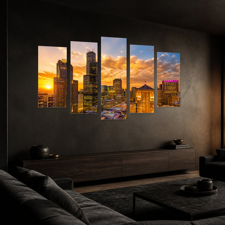 Chicago, Illinois at Golden Sunset — five-panel wall art in perspective interior | 5wallart 55723 M2