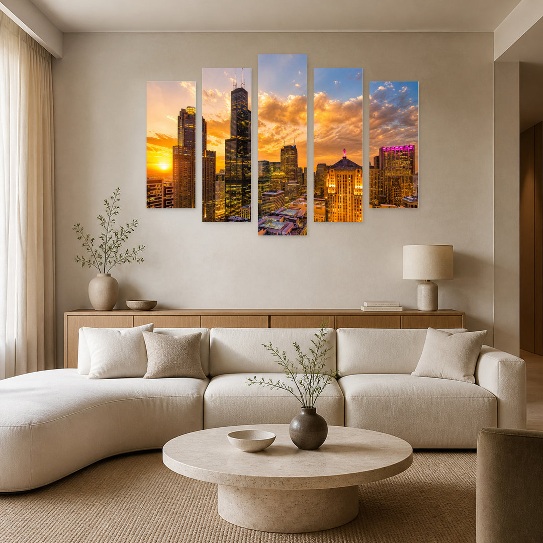 Chicago, Illinois at Golden Sunset — five-panel wall art in frontal interior | 5wallart 55723 M3