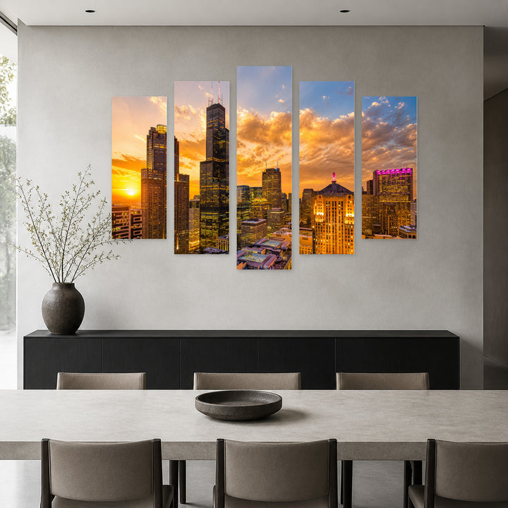 Chicago, Illinois at Golden Sunset — five-panel wall art in alternate frontal interior | 5wallart 55723 M4